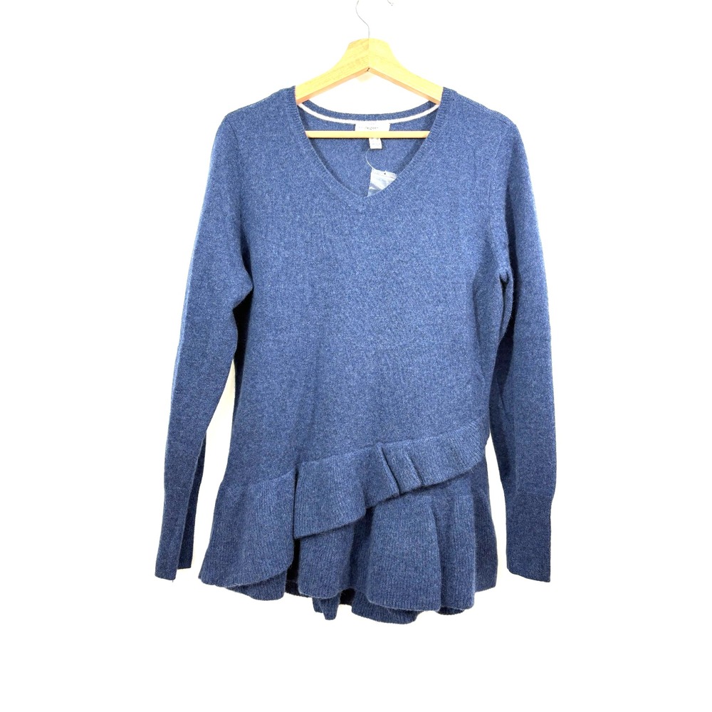 Isaac Mizrahi Live! 100% Cashmere V-Neck Sweater with Ruffle at Hem Blue, Size M
